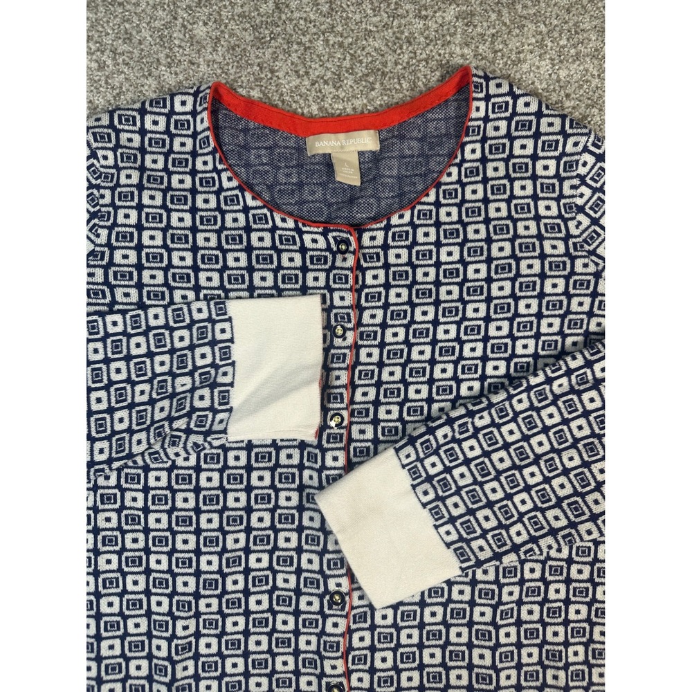 Banana Republic Geometric Square Cardigan Navy White Red Trim 325959-01 Cotton L